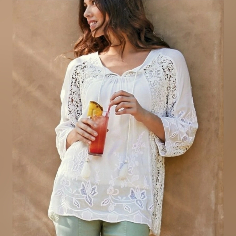 Soft Surroundings Renoir Top White Crochet Lace Scalloped 3/4 sleeve Size XS